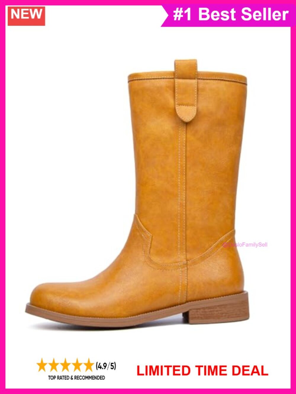 Faux Leather Mid Calf Pull On Boots Chunky Block Low Heel Round Toe